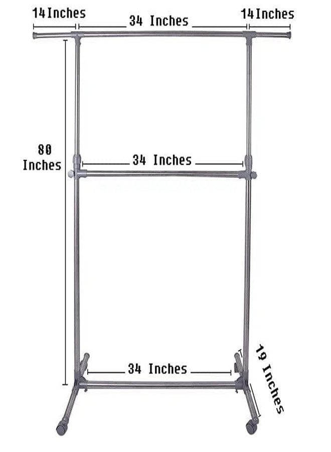 BE BENIGN Stainless Steel Double Pole Rail Telescopic Movable Portable Adjustable Clothes Garment Hanging Rack Stand with Wheels(1) - Image 3